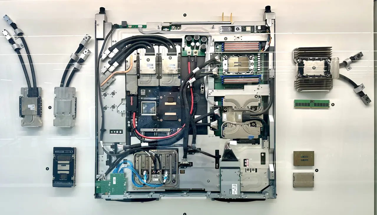 A GPU server blade with cold plates and glycol coolant lines, displayed open with its components