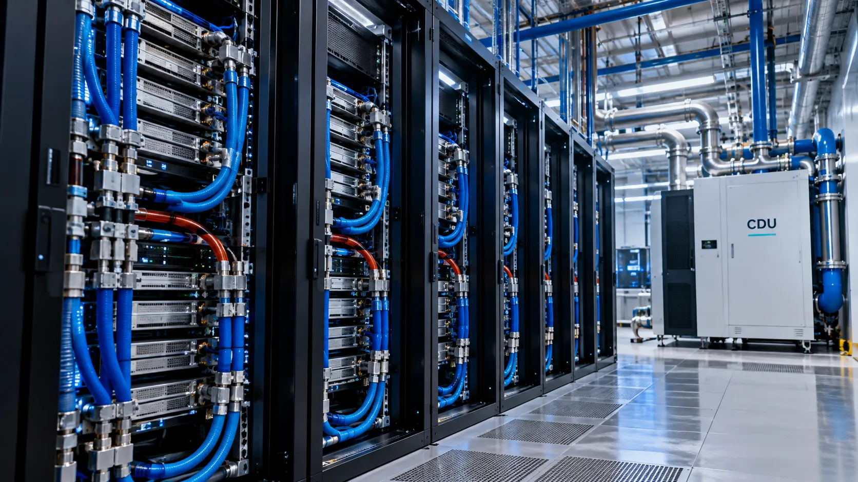 Illustrative high-density AI data center with liquid-cooled server racks, coolant piping, and a coolant distribution unit.